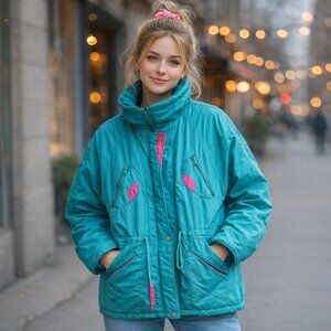 Vintage Dewnorth size M 80’s retro teal and pink jacket, front zip. Winter